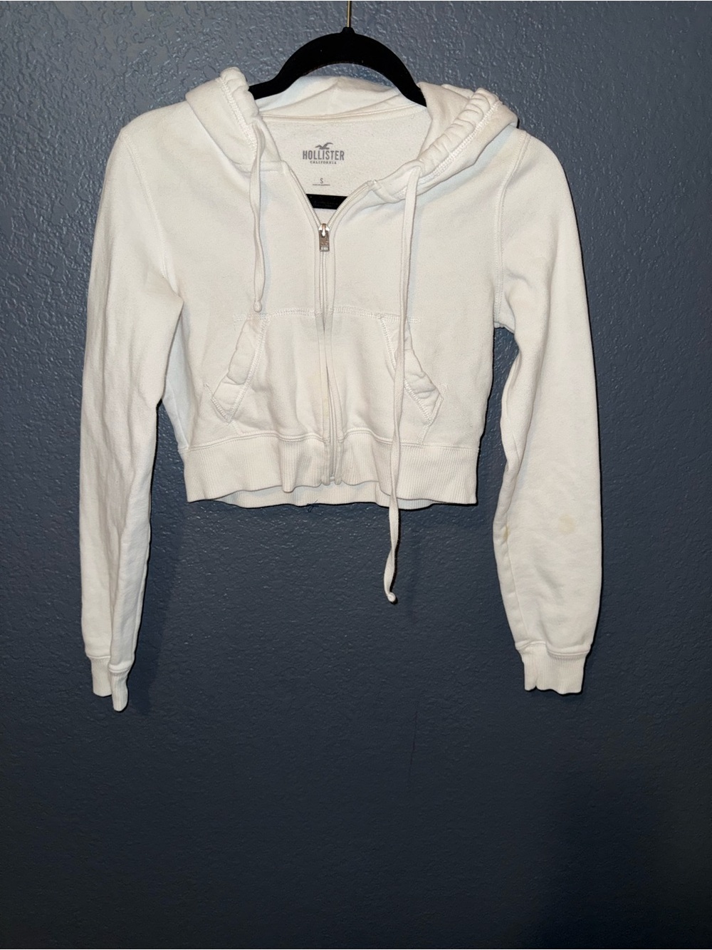 Hollister White Cropped Zip Hoodie with Drawstring